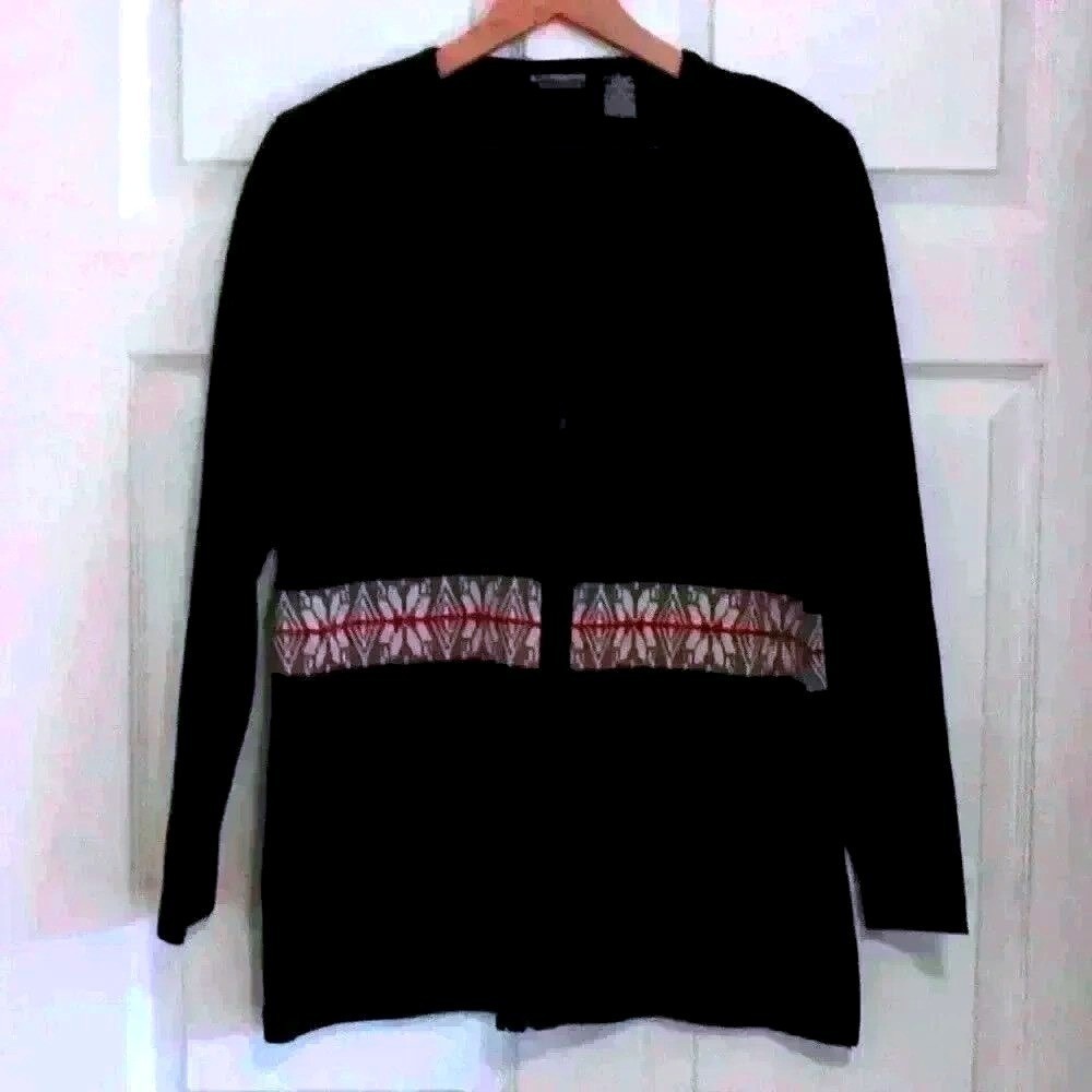 Liz Claiborne Womens Cardigan Black Size M Merino Wool Zip Fair Isle Sweater